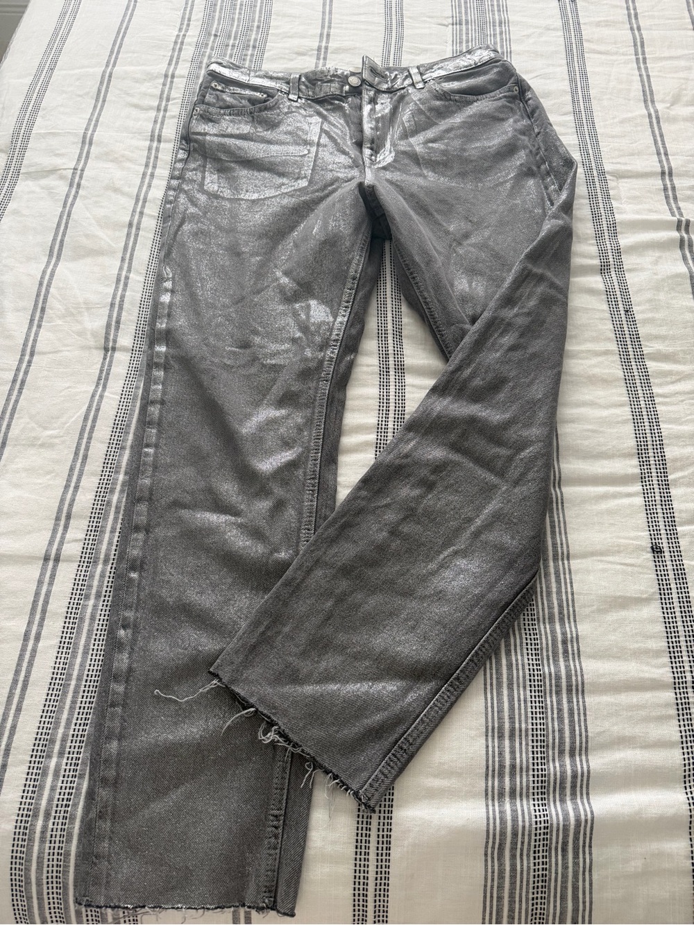 Zara Women's Metallic Gray High-Rise Straight Jeans